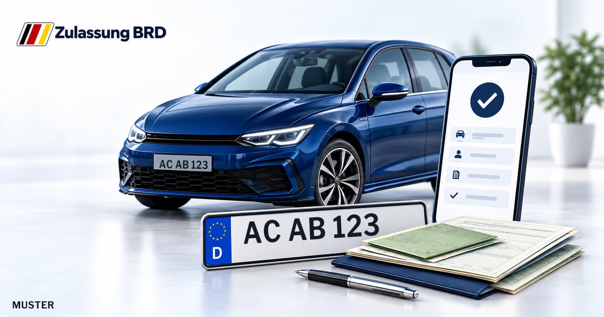 Online Fahrzeugzulassung in Stolberg (Rhld.): Musterkennzeichen AC AB 123, Auto und Fahrzeugpapiere und Smartphone. Illustration mit Logo von Zulassung BRD.